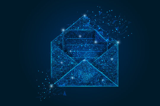 Abstract isolated image of a letter, mail or message. Polygonal illustration looks like stars in the blask night sky in spase or flying glass shards. Digital design for website, web, internet.