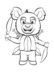 Coloring page. Cartoon cheerful teddy bear holding 2 knives and 2 swords