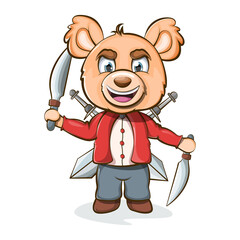 Cartoon cheerful teddy bear holding 2 knives and 2 swords