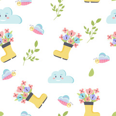 Seamless pattern with flowers, butterflies and clouds