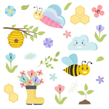 Set of spring cartoon illustrations. Bees, flowers, butterflies, cloud.