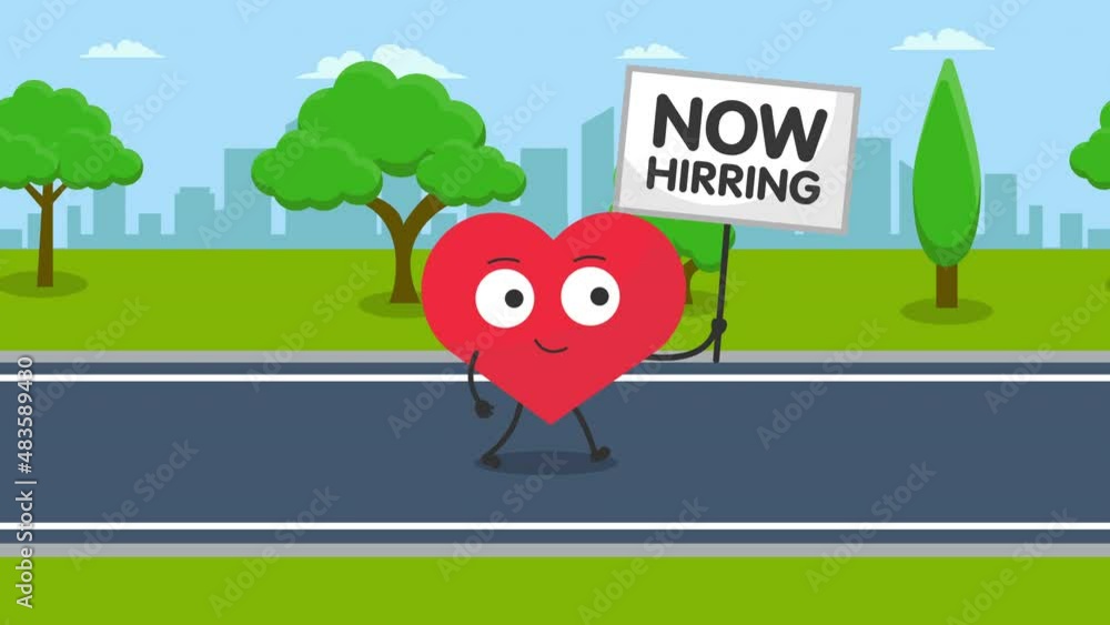 Poster cute heart character with now hiring - walking animation.4k video motion animation.city background a