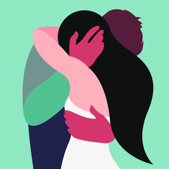 vector stylized illustration of two hugging people in love in a nice color palette. useful for Valentine's Day card or International Hug Day, flyers, wedding invitations, love declarations, print, web
