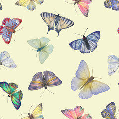 Seamless pattern with butterflies, watercolor illustration. seamless botanical pattern. Template design for, textile, interior, clothing, wallpaper, wrapping paper, packaging, print.