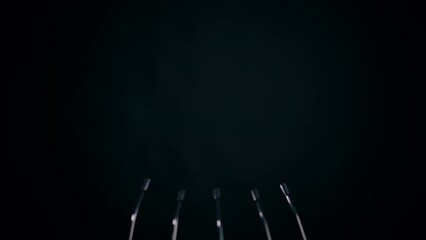 Microphones on empty stage equipment ready for press conference political debate