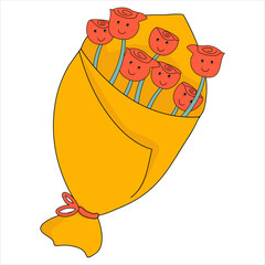 Bouquet of flowers in hand drawn cartoon style on a white background. Red flowers in yellow packaging. EPS 10.