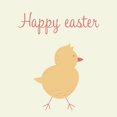 greeting easter card with cute chick and lettering flat vector illustration