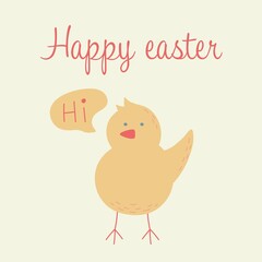 greeting easter card with cute chick and lettering flat vector illustration