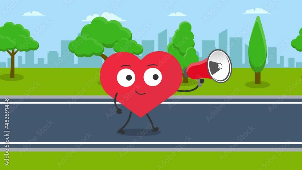 Poster cute heart character with megaphone - walking animation.4k video motion animation.city background an