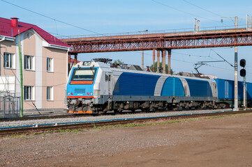 Cargo AC electric locomotive BKG1-010 at Molodechno station of Belarusian Railway, Molodechno, Minsk region, Belarus, June 14, 2015