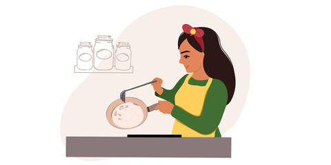 Young joyful and happy woman is frying pancakes in a frying pan for breakfast. Flat vector illustration with doodle style