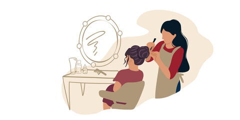 The hairdresser works with the client, makes a hairstyle.
Beauty salon or training courses or master class. Flat vector illustration
and doodle.