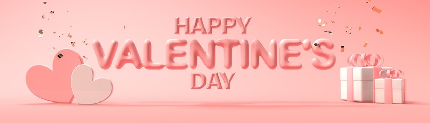 Happy Valentines Day message with hearts and gift boxes - 3D render