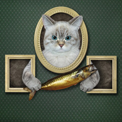 An ashen cat with a smoked mackrel leans out of a picture in an art gallery.