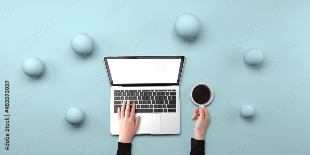 Aufkleber person using a laptop computer with abstract spheres from above