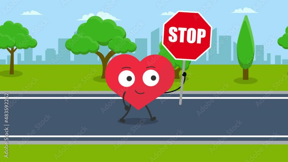 Poster cute heart character with stop sign - walking animation.4k video motion animation.city background an