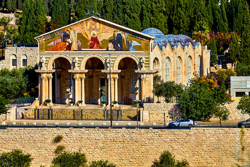 view of Church of All Nations in Garden Gethsemane on Mount of Olives, Jerusalem, Israel