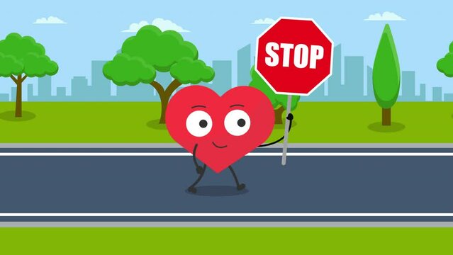 Cute heart Character with stop sign  - Walking Animation.4K video motion animation.city background animation.