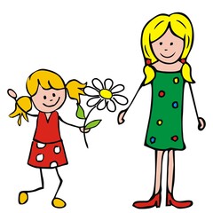 Mother's day, girl giving flower to her mother, vector illustration