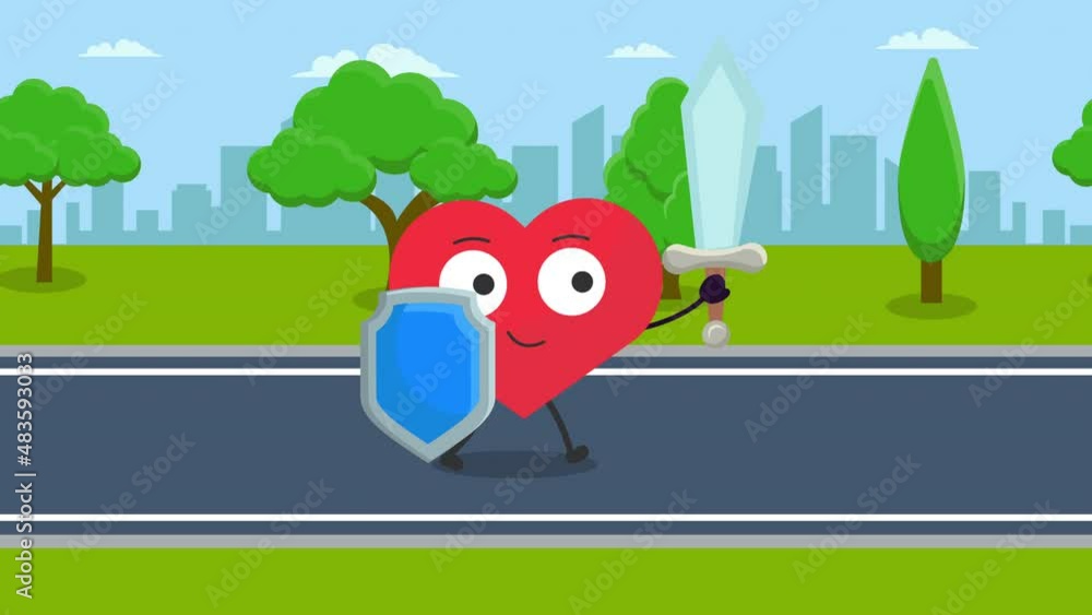 Poster cute heart character with sword and shield - walking animation.4k video motion animation.city backgr