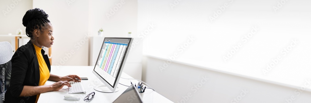 Poster financial analyst using spreadsheet software