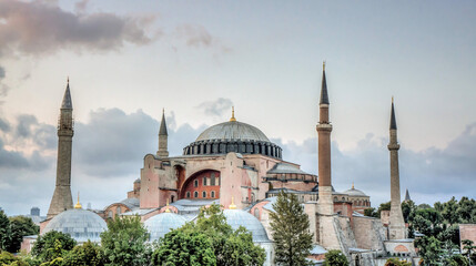 Fototapeta na wymiar Hagia Sophia mosque in Sultanahmet with dramatic clouds. Hagia Sophia was converted to mosque recently renaming it to Holy Hagia Sophia Grand Mosque, or Ayasofya Kebir Cami in Turkish