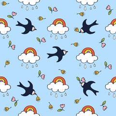 Swallow bird with a twig. Sweet rainbow. Flying swallows. Bird in flight isolated on blue background. Vector illustration