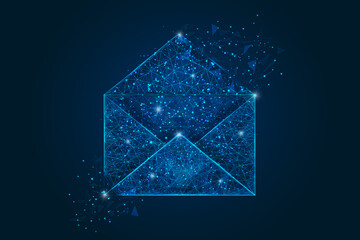 Abstract isolated image of a letter, mail or message. Polygonal illustration looks like stars in the blask night sky in spase or flying glass shards. Digital design for website, web, internet.