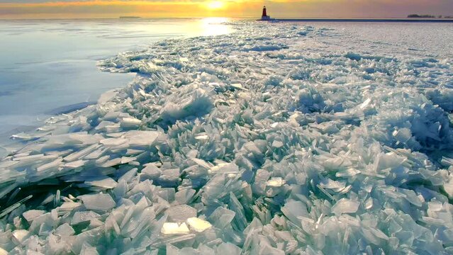 Broken jagged ice after an ice shove. Ice shoves are caused by high winds which actually grip a vast sheet of ice and push it in one direction until it cracks and heaves and then starts a chain of bre