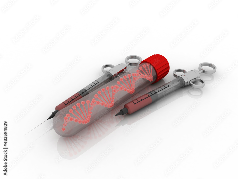 Poster 3d render of dna structure with syringe