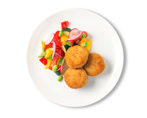 Crispy Fish nuggets with fresh vegetables on a white plate isolated on white background. Top view