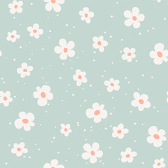 Floral seamless pattern with simple flower in light turquoise background. Can be used for fabric, wrapping paper, scrapbooking, textile, banner and other design.