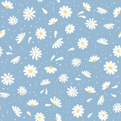 Floral seamless pattern with simple chamomile flower isolated on blue background.