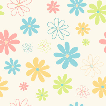 Floral seamless pattern with colorful simple flower in pastel colors.