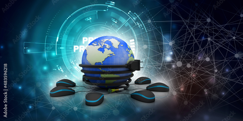 Poster 3d rendering charger cable connected globe with mouse network