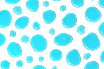 Mint blue doses of acid, hyaluronic moisturizing serum or gel isolated on white background. Abstract backdrop pattern. Beauty product wallpaper. Cosmetics or healthcare protection concept. 