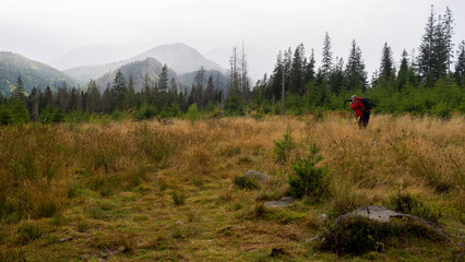 Fototapeta na wymiar Man is taking photo in mountains.. Rainy day in Tatra Mountains, Poland, Europe.