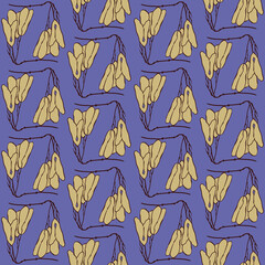 Vintage seamless pattern with botanical line drawings. Earthy neutral colors. On blue background.