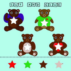 worksheet vector design, the task is to cut and glue a piece on colorful  bears.  Logic game for children.
