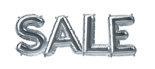 3D Render of silver inflatable foil balloon letters sale. Party decoration element. Black Friday, shopping. Gray word isolated on white background. Graphic element sign for web design