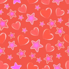 Beautiful seamless pattern. Valentines day love beautiful hearts of different sizes and stars isolated on brown background. Realistic love symbols. Vector illustration