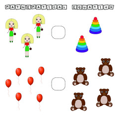 Developing activities for children, compare which more  toys. Logic game for children, mathematical inequalities.
