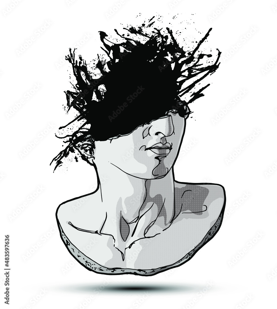 Poster vector hand drawn illustration of classical sculpture fragment of colossal head with black ink blot 