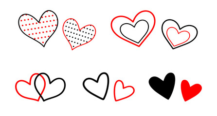 Set of isolated black and red hearts. Elements for valentine's day, decorations on the theme of love, stationery, fabrics. Vector doodle illustration.