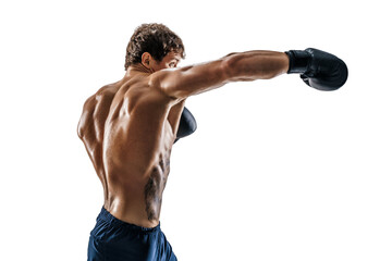 Side view of boxer in gloves who training and practicing jab on white background. sport concept 