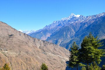 Himalaya mountains in Nepal. Tamang Heritage Trail and Langtang trek day 1 from Syabrubesi to Gatlang