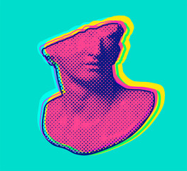 Screen printing dot halftone graphics in pink and blue of broken classical head sculpture from 3d rendering isolated on green background. Vector illustration in pop art style.