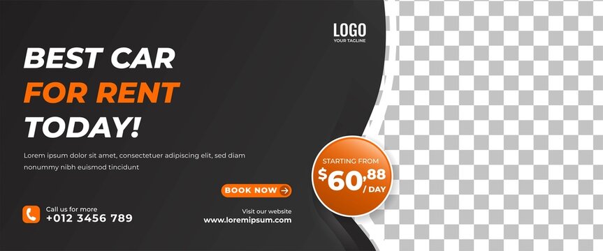 Modern horizontal banner design template for car rental. Black background with place for the photo. Usable for banner, cover, header, and background.