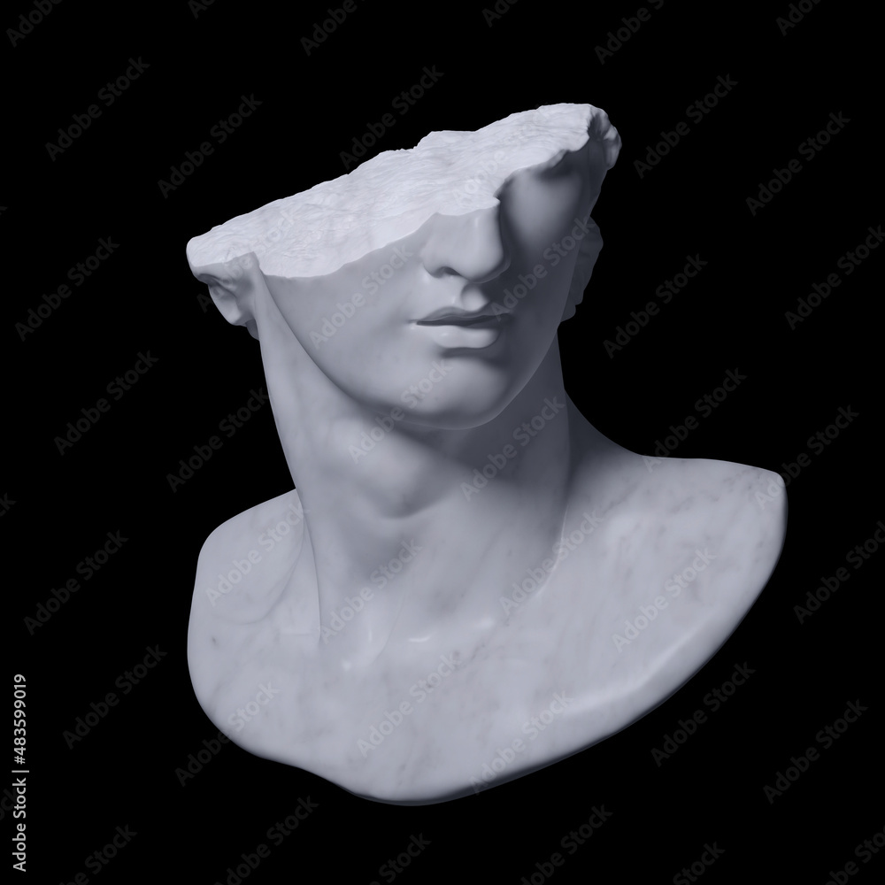 Poster 3d rendering illustration of a broken marble fragment of head sculpture in classical style in monoch