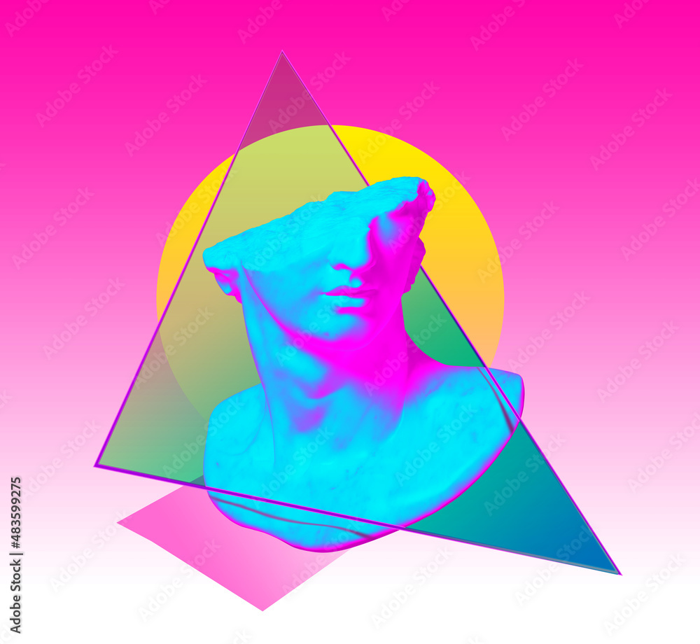 Poster 3d rendering illustration of a broken marble fragment of classical head sculpture with circles and t